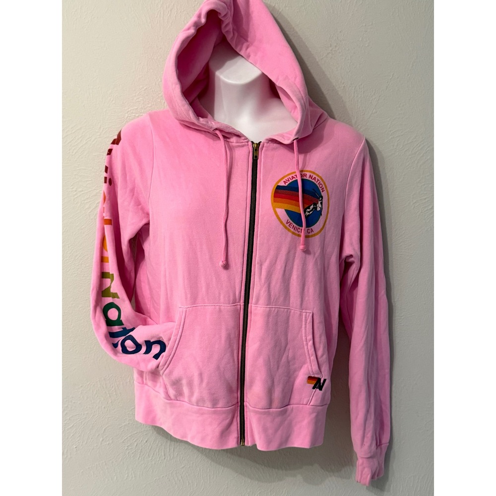Aviator Nation Venice CA Rainbow Logo Zip Up Hoodie Pink Womens Medium
